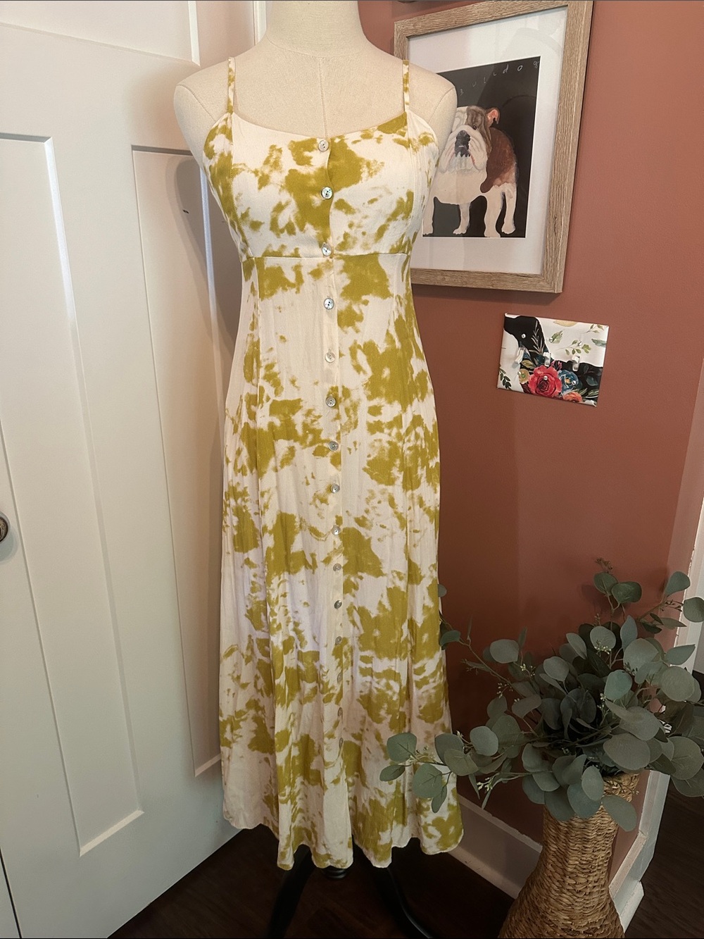 Reserved Olive/mustard & White Tie-Dye shell 2/4 Button-Front Maxi pockets Dress